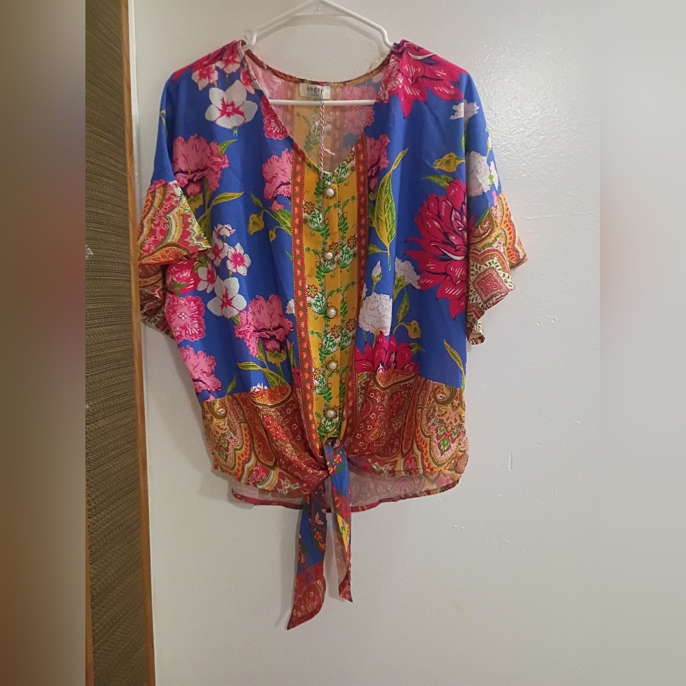 Umgee Multicolor Floral Tie-Front Blouse